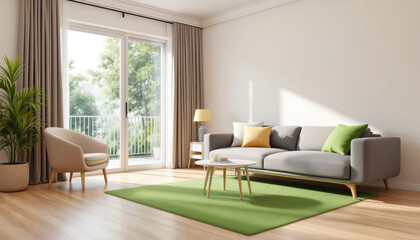 Japandi living room with a gray sofa, a white coffee table, and a green rug.