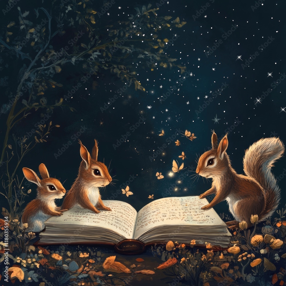 Poster three playful squirrels sit together on an open book, surrounded by leaves and natural elements