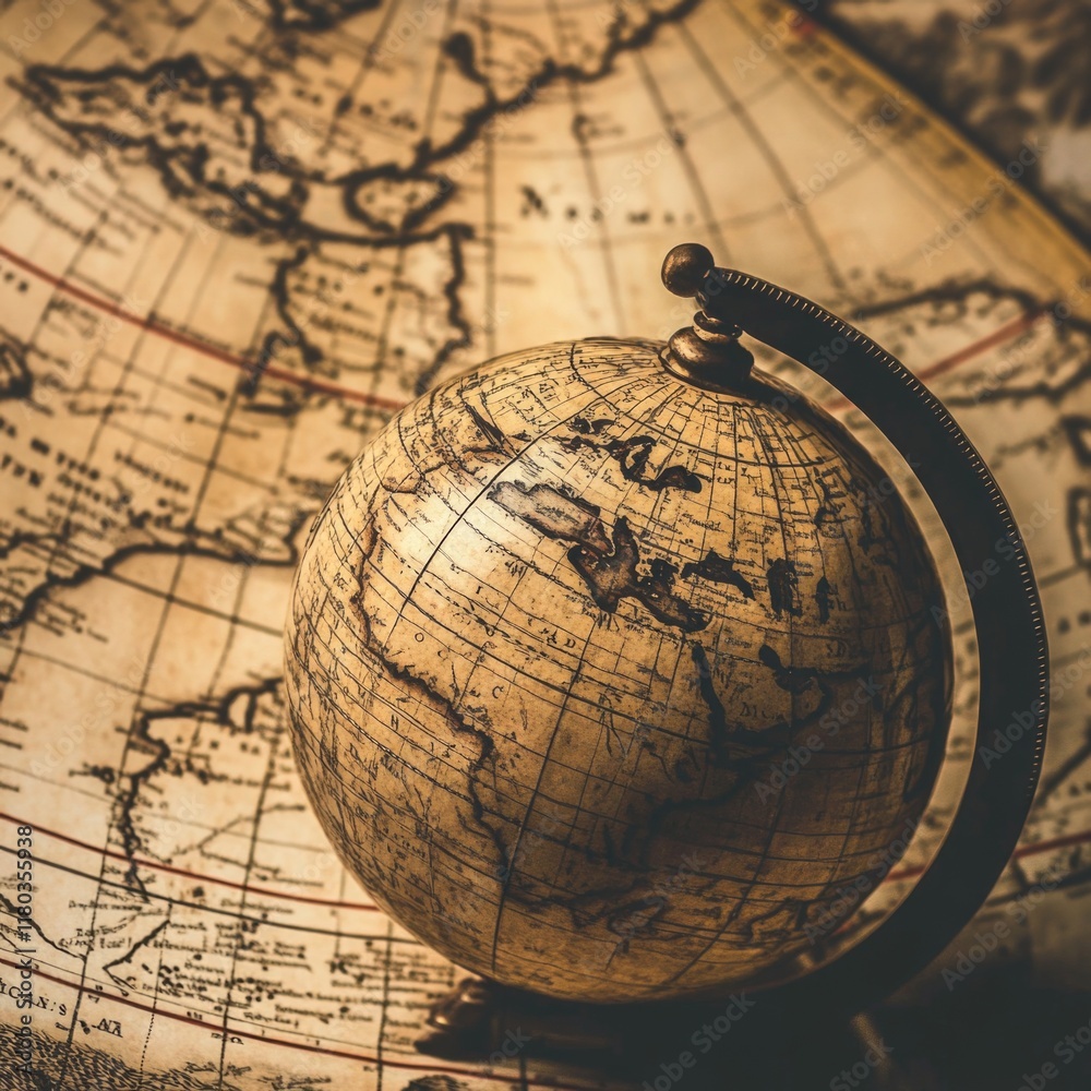 Poster a detailed view of a globe sitting on a map, ideal for use in educational or travel-related contexts