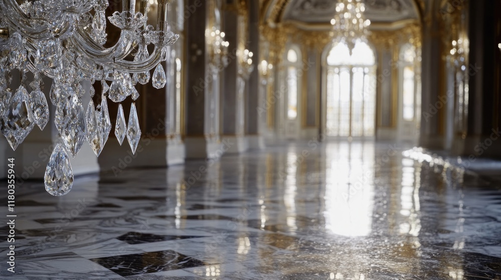 Poster a beautiful chandelier hangs from the ceiling in a spacious room, perfect for decorating and ambianc
