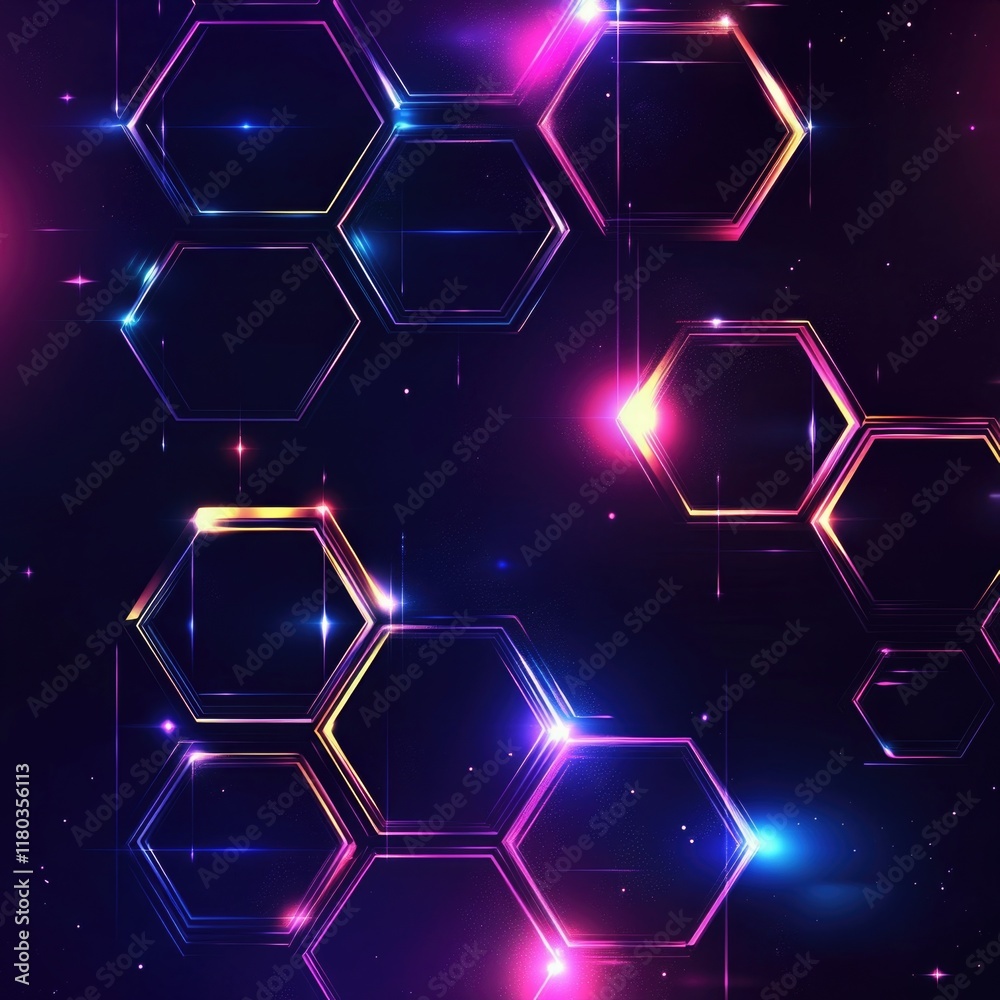 Poster A close-up shot of a pattern featuring several glowing hexagons against a dark background