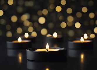 Tealight candles on a black background with lights, many candles in the foreground, candlelight on a black tabletop, soft-focus bokeh effect in the background, close-up shot, minimalistic style