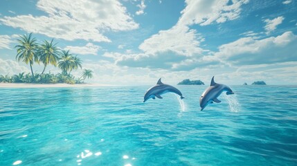 Obraz premium playful dolphins jumping out of the crystal clear ocean water under a bright blue sky, with a tropical island in the distance generative ai