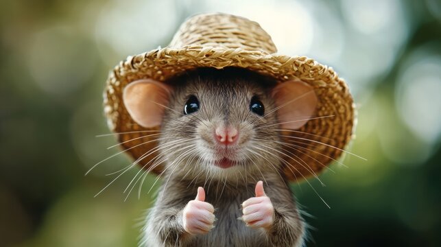 little mouse with a straw hat looks into the camera and has both thumbs up, 16:9