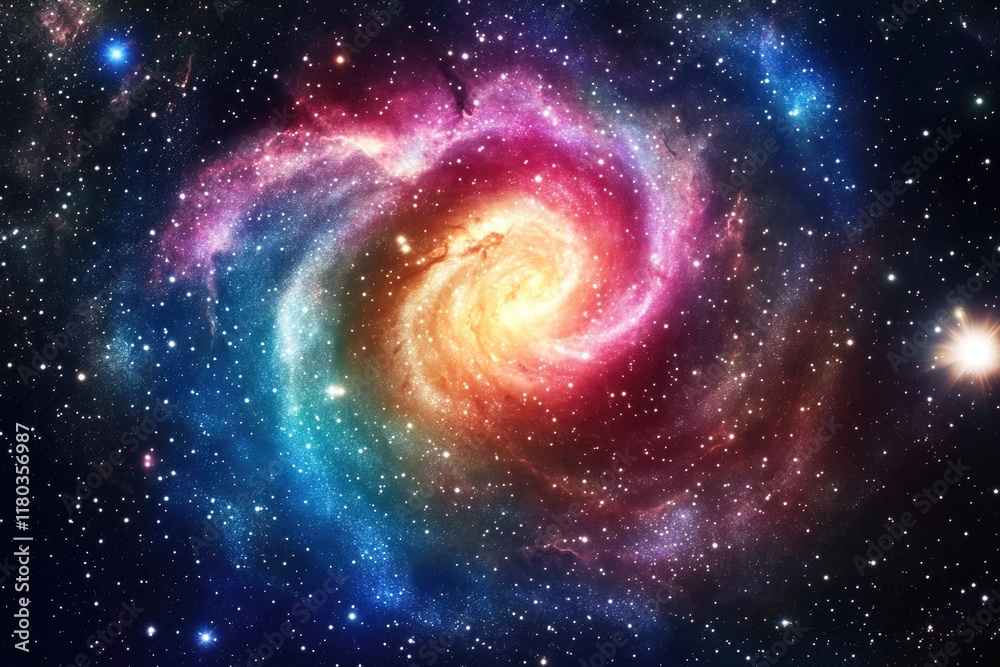 Poster a vibrant and detailed image of a spiral galaxy with stars shining bright in the background