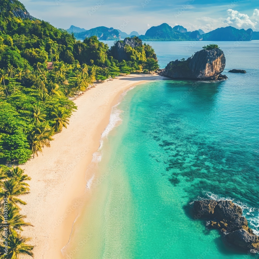 Poster aerial view of a sunny day at the beach with palm trees and sand dunes