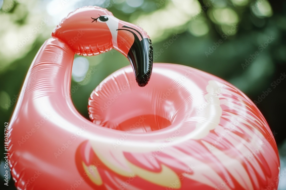 Poster a pink inflatable flamingo floating on calm water, perfect for summer vibes or pool parties