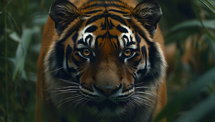 Fototapeta premium A detailed view of a tiger's face showing intense eyes focused on its prey