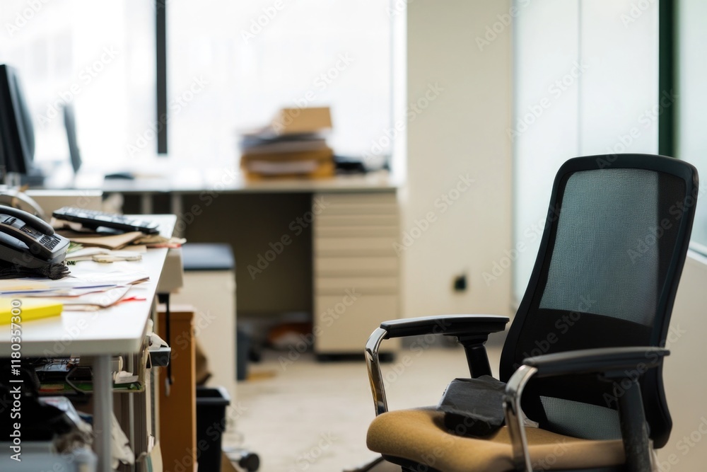 Poster a simple office setup with a desk, chair, and computer