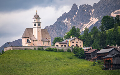 Fototapeta premium Spectacular landscape on Italian Alps Mountain Dolomite at Chiesa di Santa Lucia