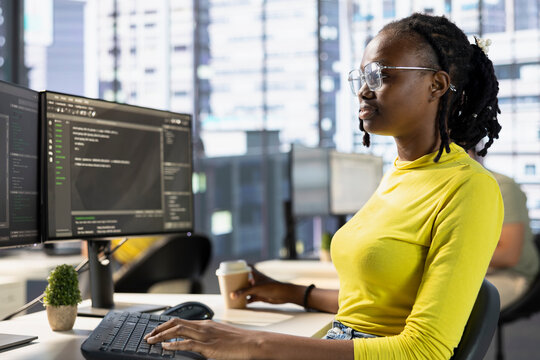 Back end developer managing cloud computing resources and platforms to train machine learning models. IT specialist monitoring and maintaining company systems, checking code on PC monitor