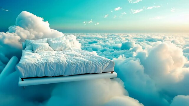 A tranquil setting showing a bed floating in a cloud formation under a bright blue sky captures an ethereal mood and concept of peace and freedom.