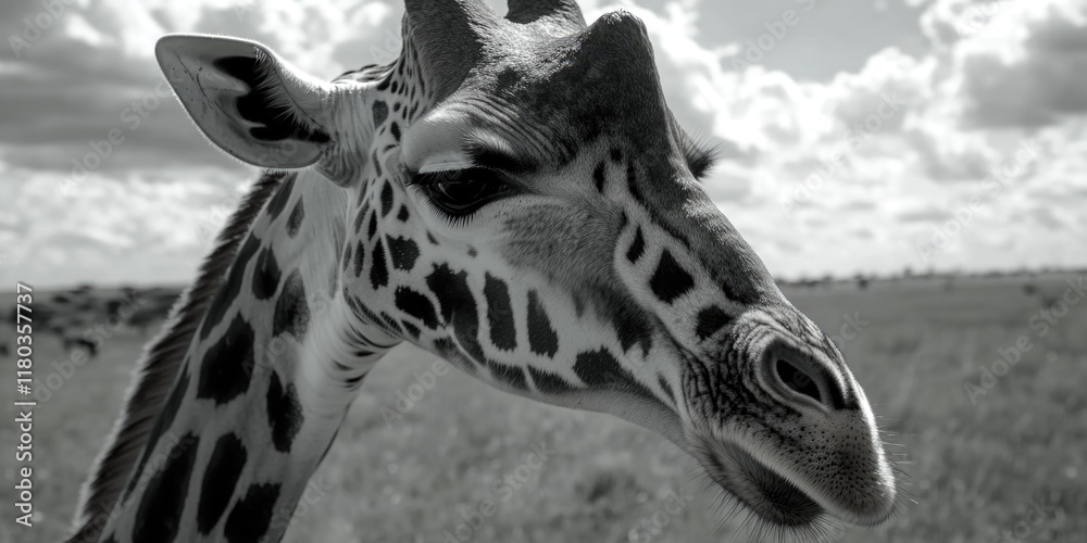 Poster a close-up view of a giraffe's face in a natural grassland setting
