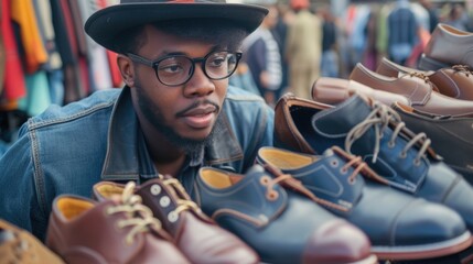 African young male shopping for shoes at local market. Second hand clothes for sale. Sustainable lifestyle concept. Reuse outfits. Environmental Protection. Zero waste life, eco-friendly