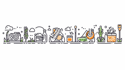 Line art icons of diverse elements; photography, food, drinks, travel, and nature.