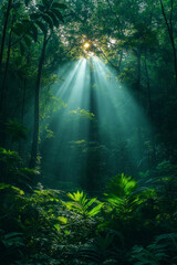 Photo réaliste d’une forêt tropicale dense avec brouillard et lumière du matin
