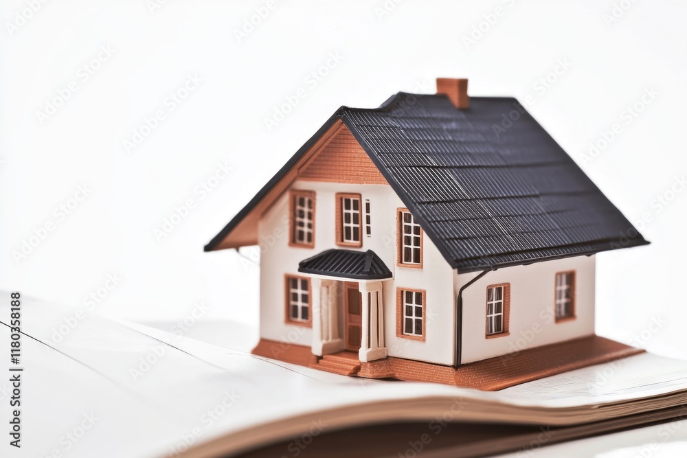 Poster a model of a house sits on top of an open book, great for illustration or design
