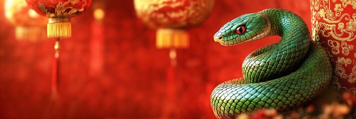 Fototapeta premium Green Snake Coiled Against Red and Gold Backdrop with Lanterns, Chinese 2025 New Year