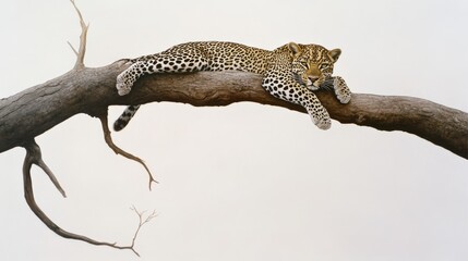 Fototapeta premium A leopard rests gracefully on a tree branch against a minimalist backdrop, exuding elegance and raw beauty in its natural habitat.