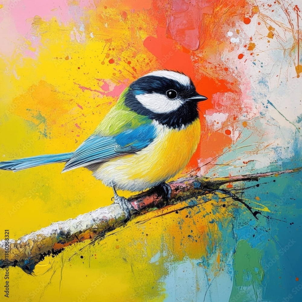 Poster a bird perched on a tree branch, looking around