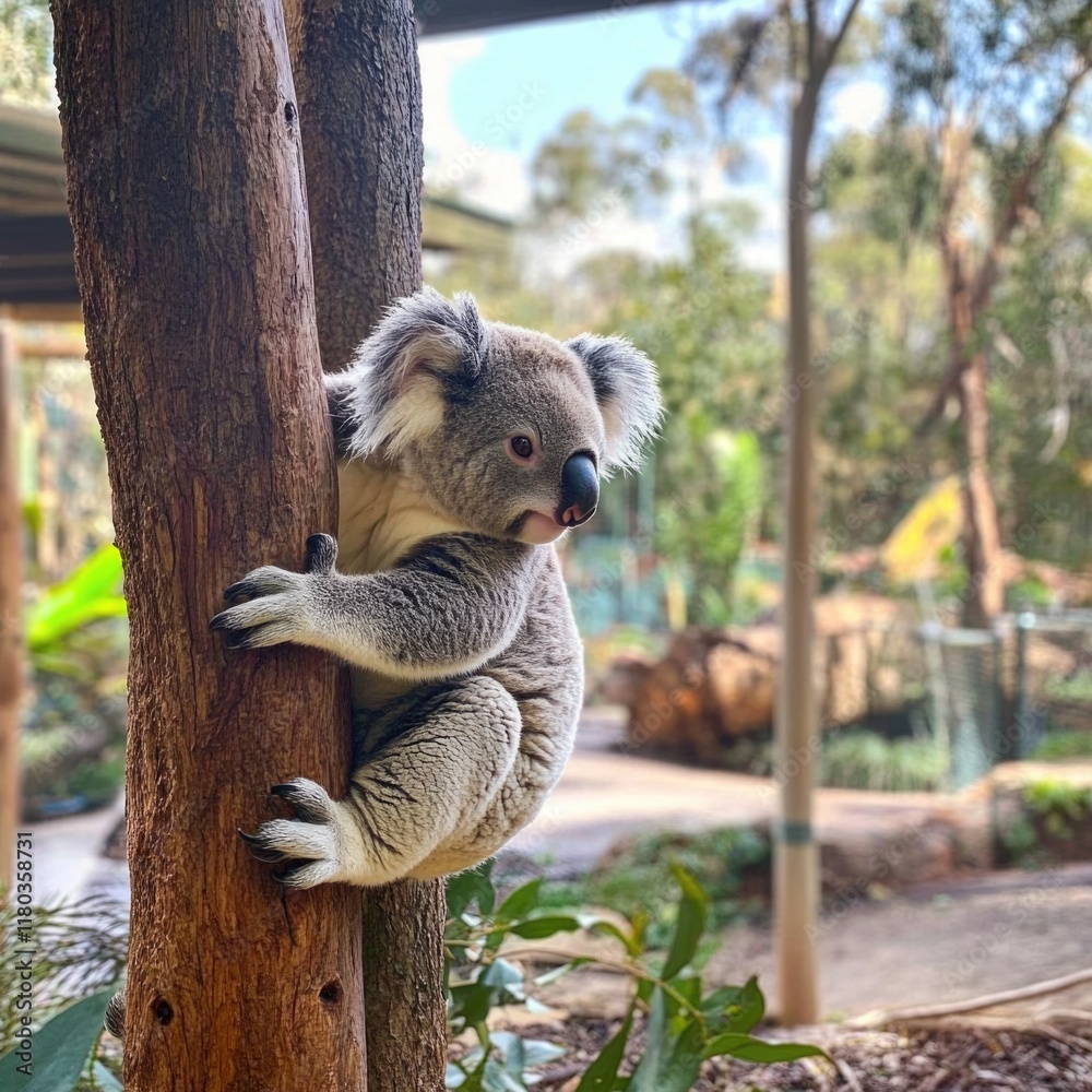 Poster a koala bear perched on the branch of a tree, looking up or out at something