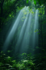 Fototapeta premium Photo réaliste d’une forêt tropicale dense avec brouillard et lumière du matin