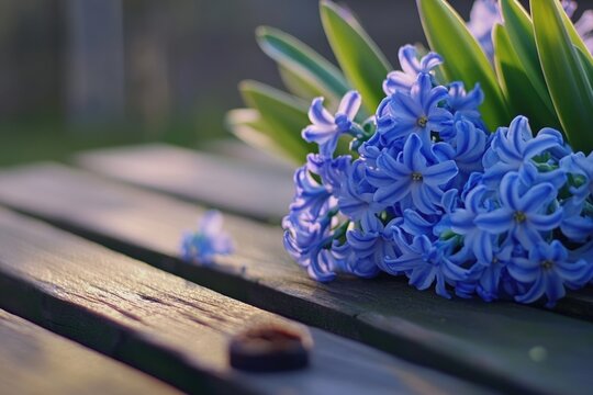 A bouquet of blue flowers sitting atop a rustic wooden bench, perfect for a garden party or nature-inspired theme