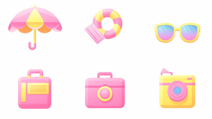 Flat Icons of Pink Summer Vacation Accessories.