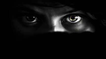 Mysterious female eyes in monochrome darkness