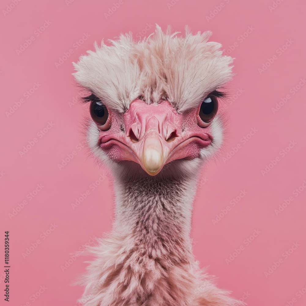 Poster a close-up view of an ostrich's head on a pink background, ideal for designs and projects that requi