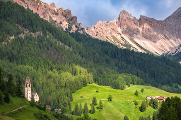 Spectacular landscape on Italian Alps Mountain Dolomite at Chiesa di Santa Barbara