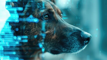 German shepherd with digital overlay in a futuristic setting