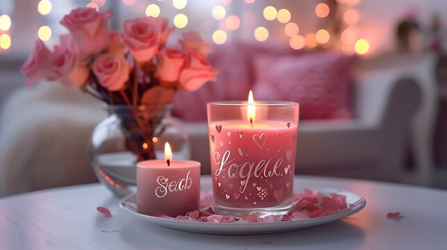 Fototapeta A cozy candle set with love-themed inscriptions placed on a white table