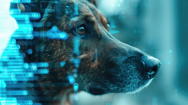 German shepherd with digital overlay in a futuristic setting - Powered by Adobe