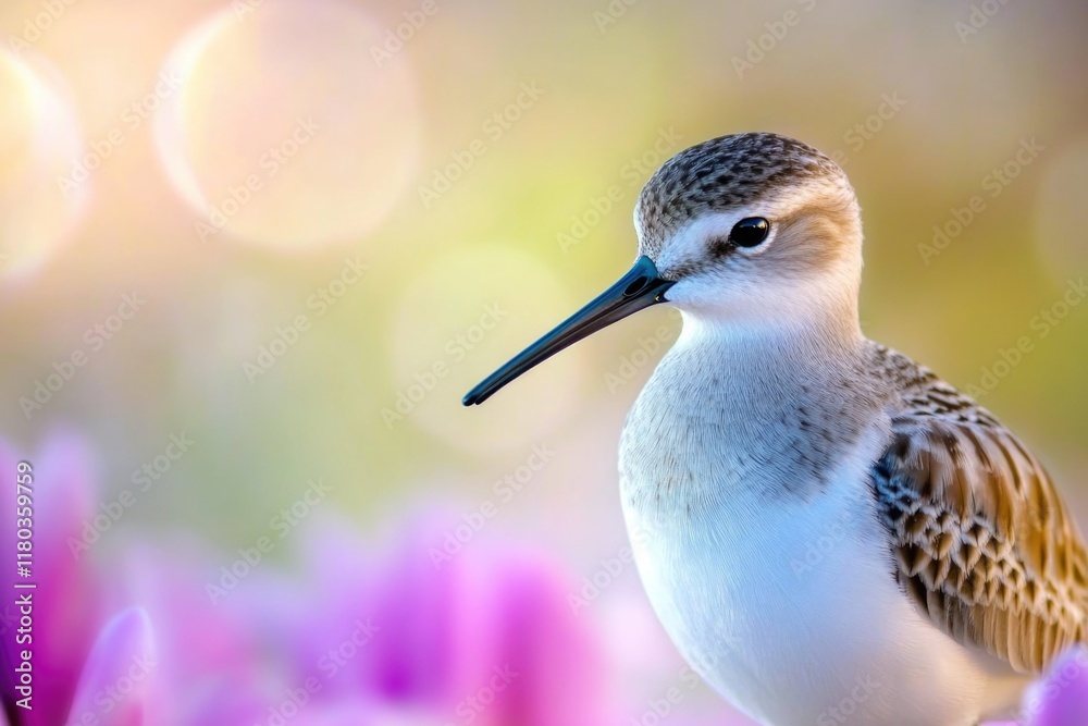 Poster a single bird with a distinctive long beak stands amidst a colorful field of flowers