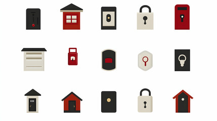 Flat icons of home security and building elements.