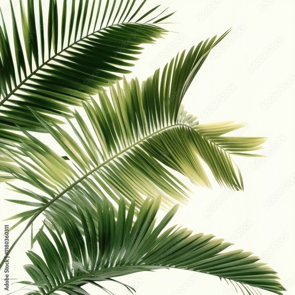 Poster A close-up shot of a palm leaf on a white background, great for texture and pattern use