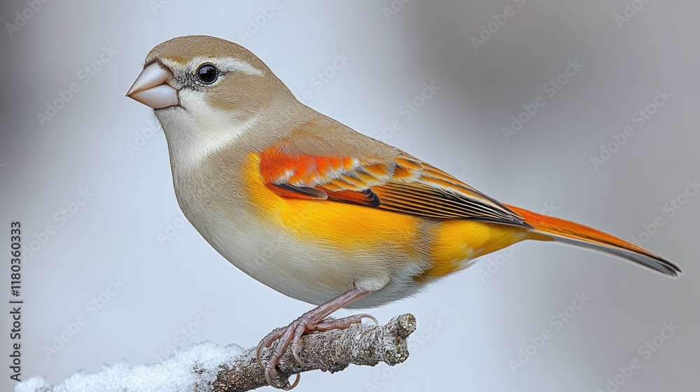 Poster a small bird perched on the tip of a snowy tree branch, surrounded by winter scenery