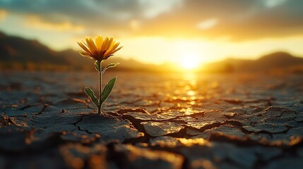 Single Flower Growing on Cracked Dry Soil at Sunset, Symbolizing Hope and Resilience  