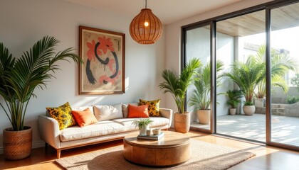 Fototapeta premium Art deco interior living room with a white sofa, a wooden coffee table, and a large window overlooking a patio.