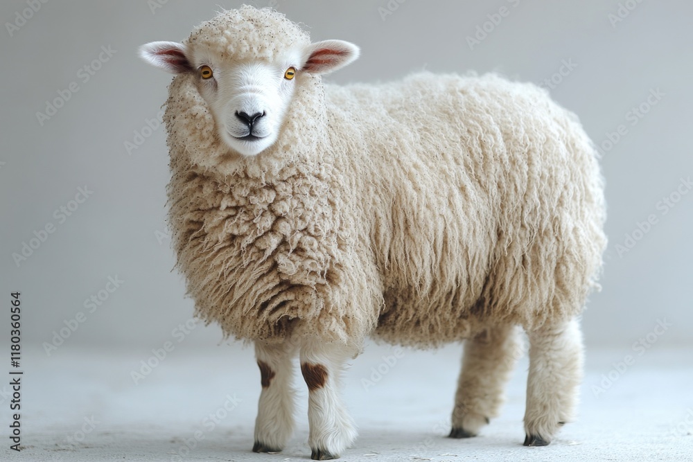 Poster a single sheep standing in a white room with a gray background