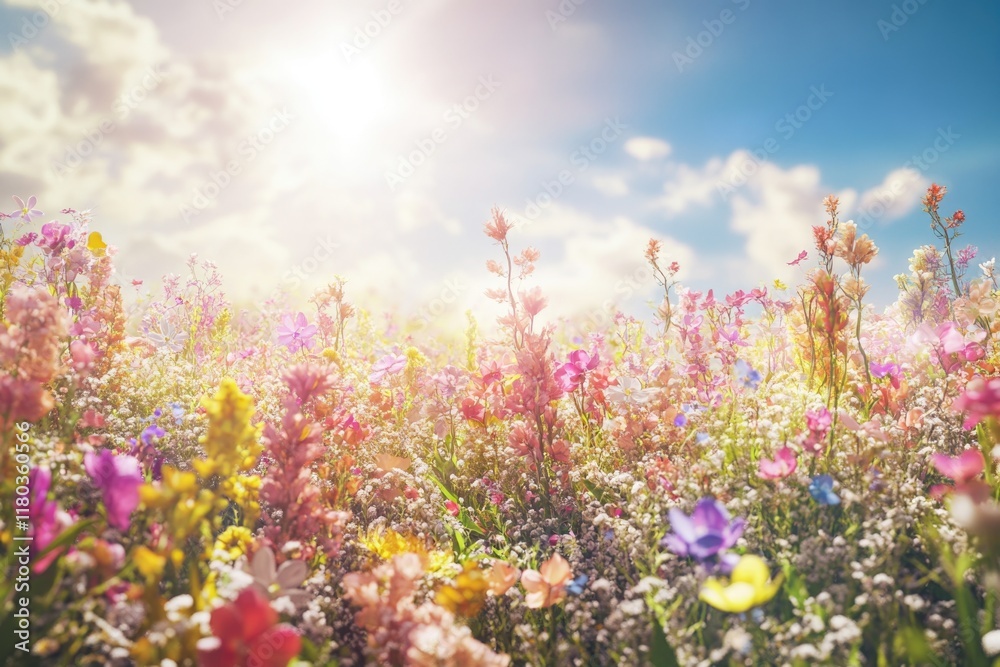 Poster A colorful field of flowers with the warm sunlight shining through, perfect for adding a touch of nature to your project