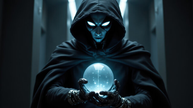 Undertale character with glowing eyes holding blue orb.