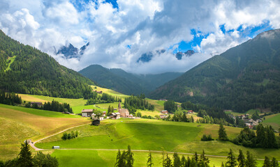 Spectacular landscape on Italian Alps Mountain Dolomite at Chiesa di Santa Maddalena Val di Funes
