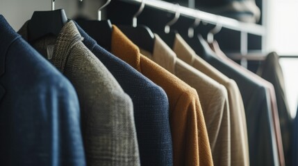 Obraz premium Elegant collection of classic men's suits in various colors on hangers. Second hand clothes for sale
