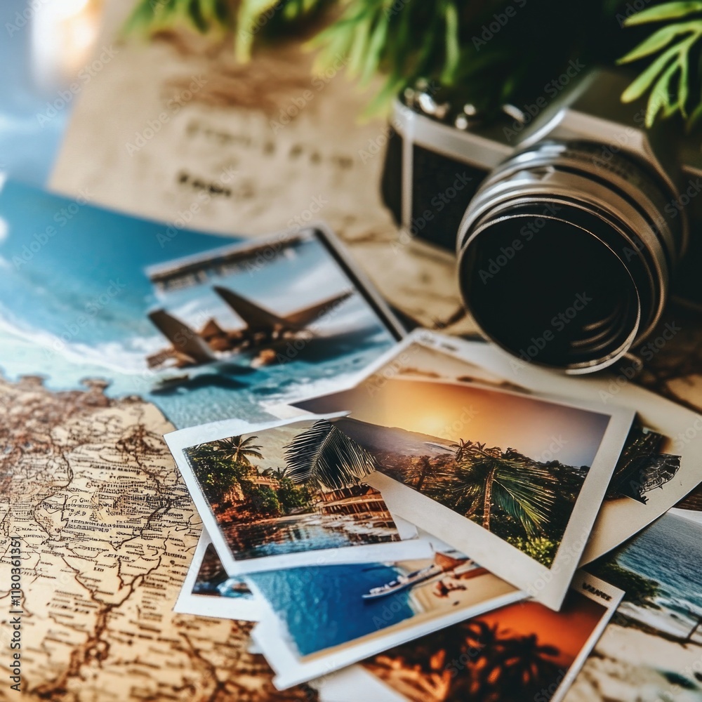Poster A collection of images on a table with a camera, ideal for use in creative projects or as a still life setup