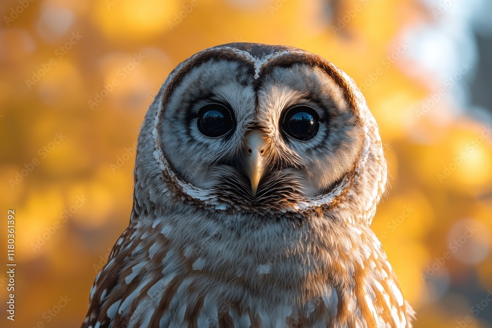 Poster close-up image of an owl's face with blurred background