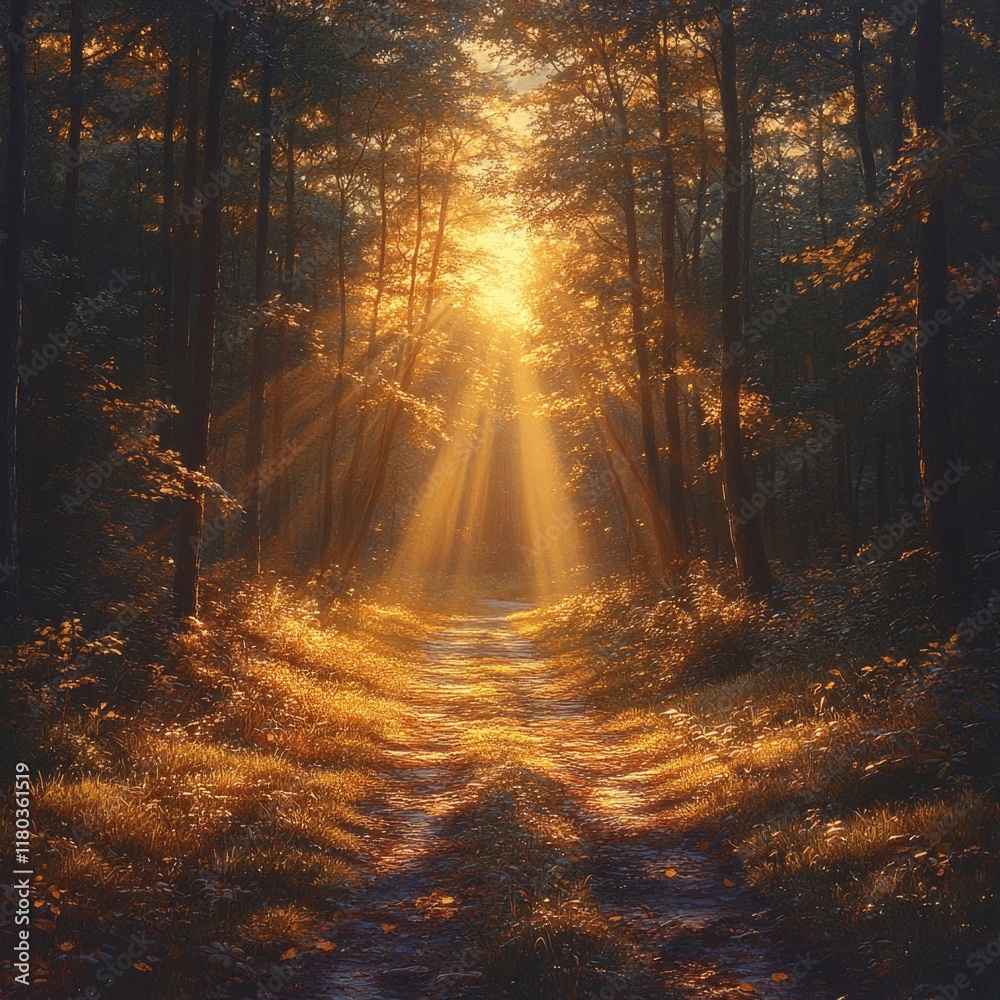 Poster a serene scene with sunlight peeking through the treetops, ideal for use in nature-inspired designs 