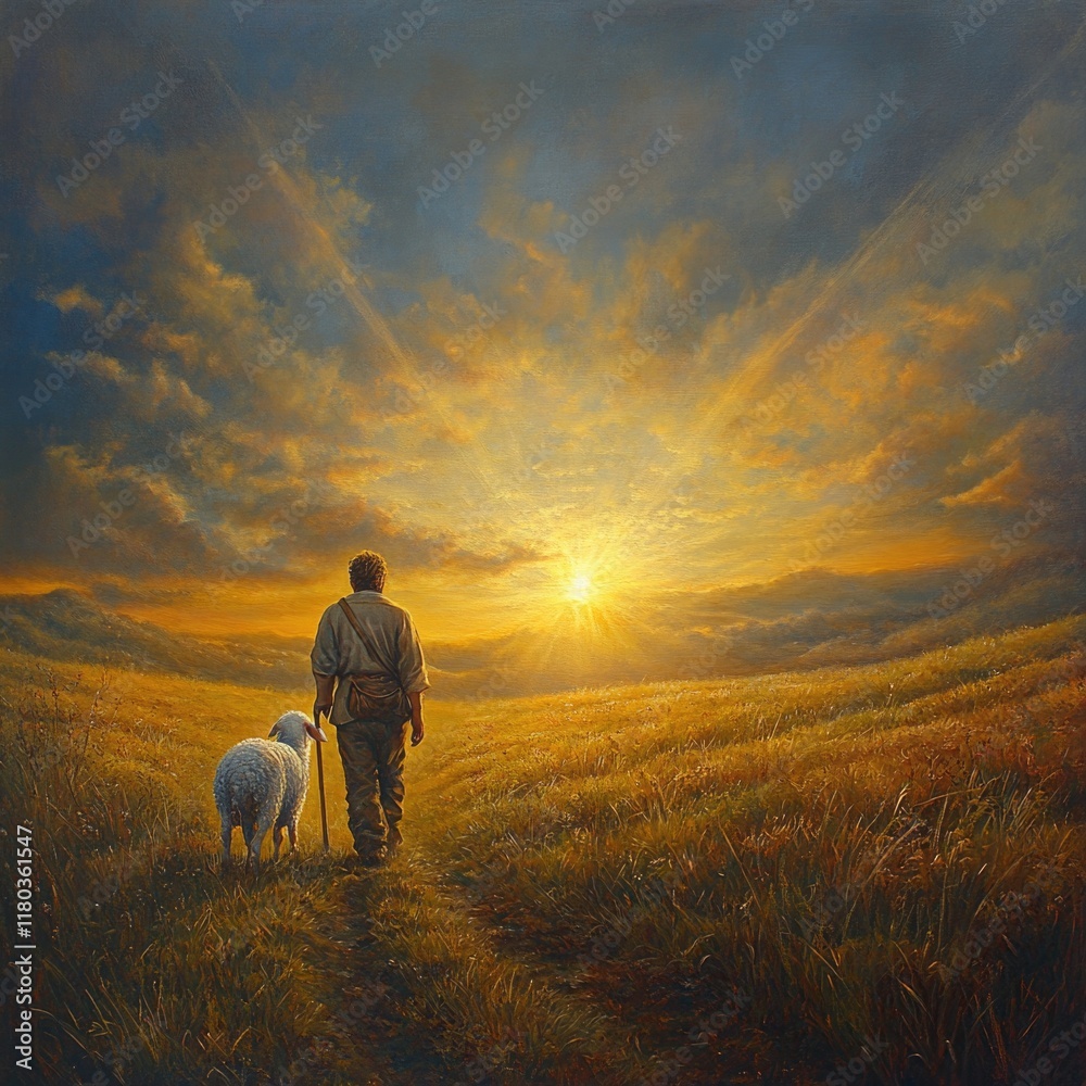 Poster A man is standing in a field surrounded by two sheep