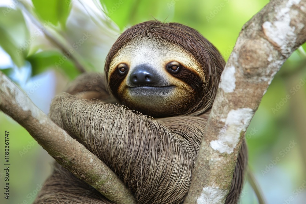Poster A close-up view of a sloth hanging from a tree branch, with its claws and fur visible